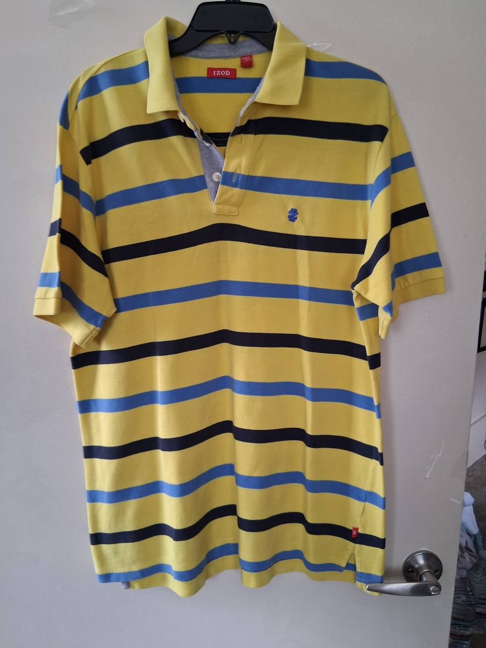 Izod Yellow Polo with Navy and Blue Stripes